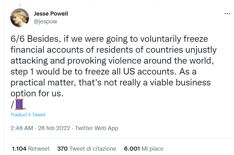 Jesse Powell fondatore kraken tweet contro gli stati uniti d'america